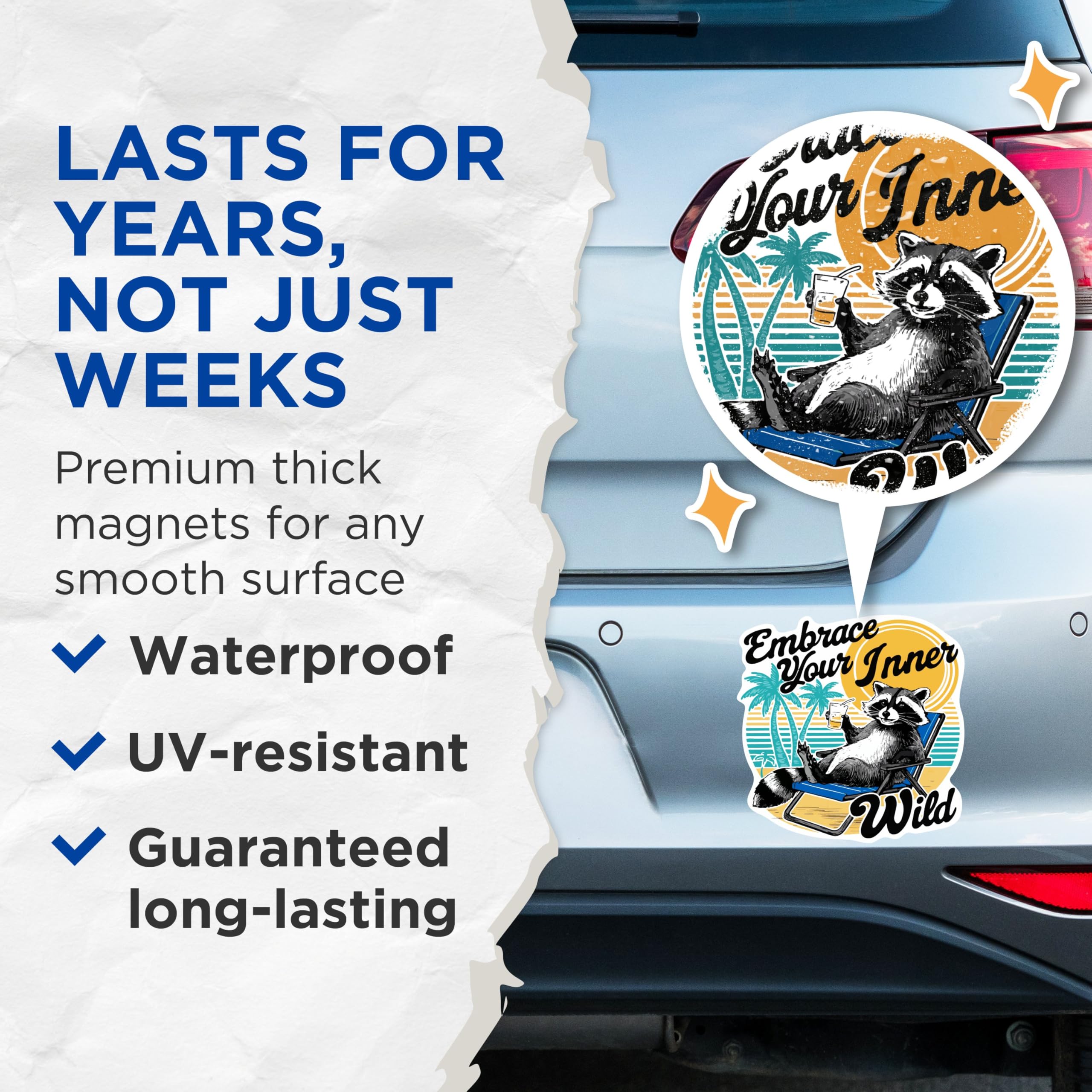 (2 Pack) Embrace Your Inner Wild Magnets - Funny Raccoon Sitting On Beach - 5 Inches On Longest Side - Premium Magnet - for Cars, Refrigerators, Toolboxes - Made in USA - MAG2074