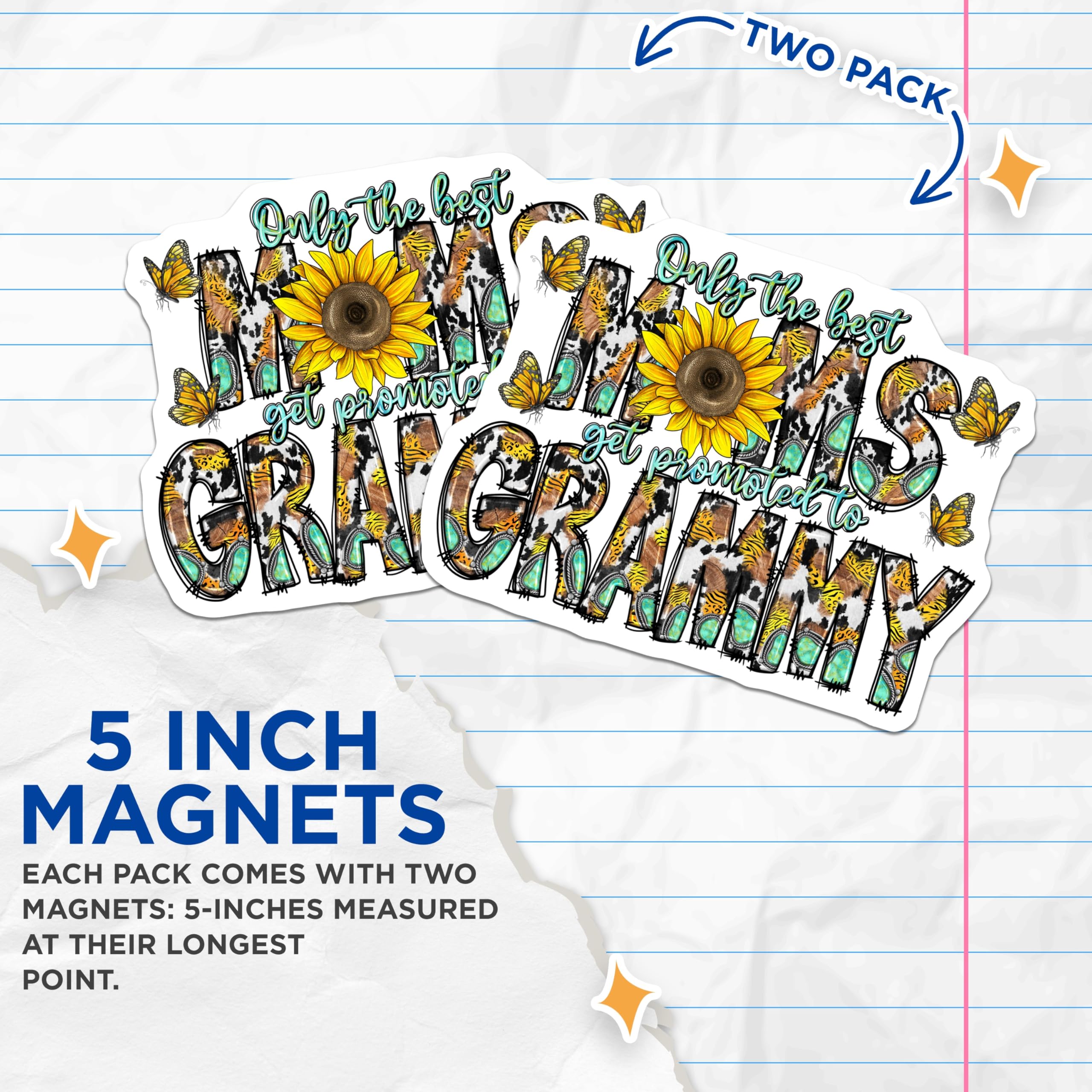 (2 Pack) Promoted to Grammy Magnets - New Grandma Announcement - Sunflower Western Animal Print Decor - 5 Inches On Longest Side - Thick Durable Magnet - Made in USA - MAG27114