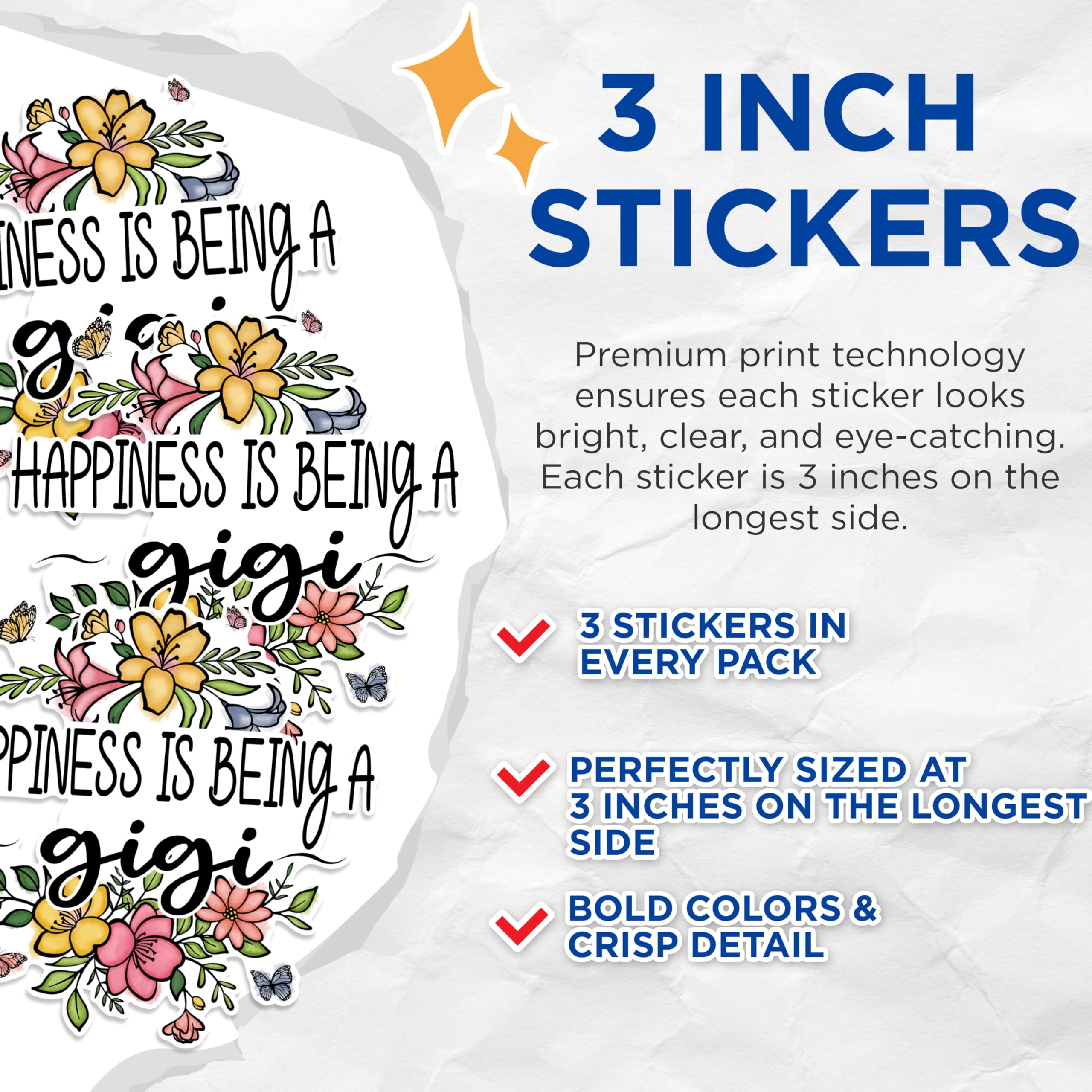 (3 Pack) Gigi Decals - Happiness is Being a Gigi - Floral Gigi Decals - 3 Inches On Longest Side - Easy Peel & Apply - Made in USA - 3MCS1733