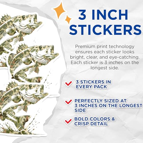 (3 Pack) Bass Fish Decals - Camo Fishing Decal - Laptop Sticker - 3 Inches On Longest Side - Easy Peel & Apply - Made in USA - 3MCS7355