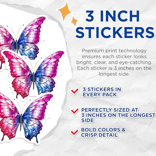 (3 Pack) Butterfly Decals - Pink and Blue Butterfly - Laptop Decal- 3 Inches On Longest Side - Easy Peel & Apply - Made in USA - 3MCS5764