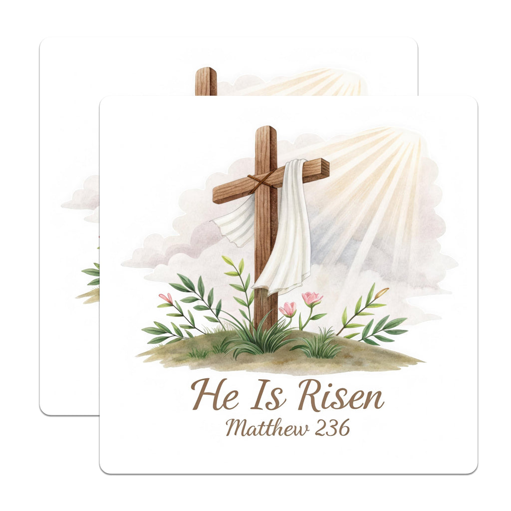 (2 Pack) He is Risen Stickers - Easter Bible Verse - Religious Cross Sticker - 5" On Longest Side - Sticks to Smooth Flat Surfaces - Made in USA - BMCS5744