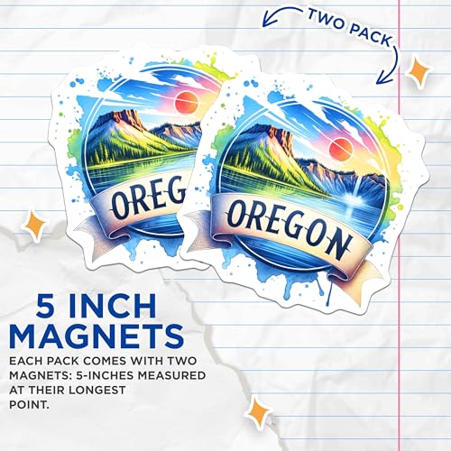 (2 Pack) Oregon Nature Magnets - Scenic Landscape - Mountain and Lake - State Pride - Travel Souvenir - 5" On Longest Side - for Cars, Fridges, Toolboxes - Made in USA - MAG6660