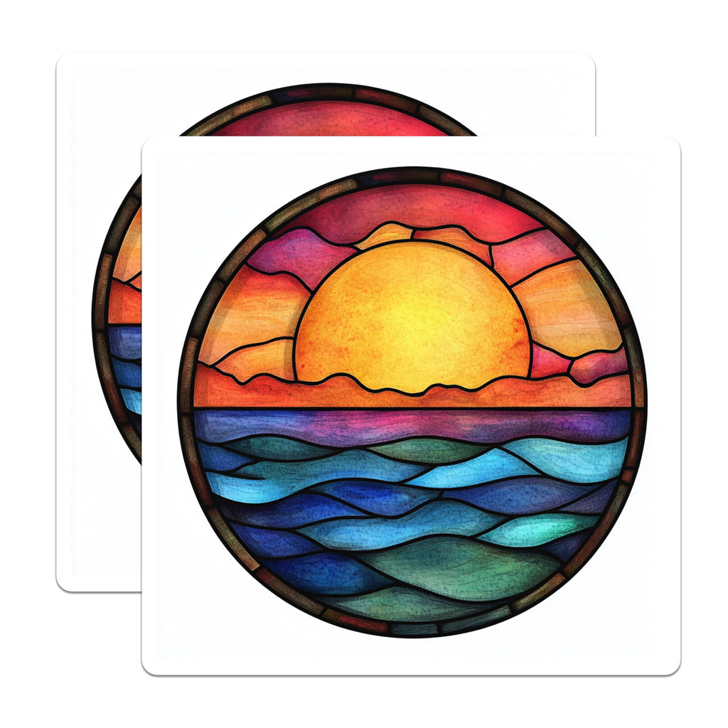 (2 Pack) Stained Glass Sunset Magnets - Ocean Horizon Scene - Vibrant Coastal Decor Refrigerator Art - 5 Inches On Longest Side - Thick Durable Magnet - Made in USA - MAG25204