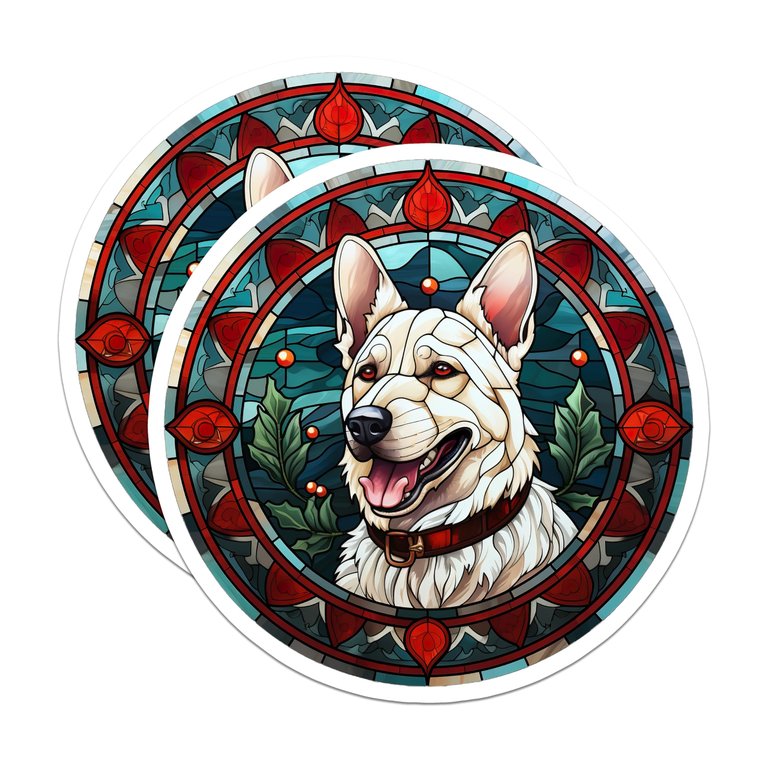 (2 Pack) White Dog Stained Glass Magnets - Christmas Holiday Decor Pet Parent - Winter Animal Art Refrigerator Door - 5 Inches On Longest Side - Thick Durable Magnet - Made in USA - MAG29755