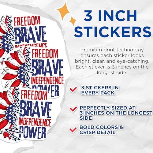 (3 Pack) Patriotic Sunflower Decals - American Flag - Independence Day Decor - 3 Inches On Longest Side - Easy Peel & Apply - Made in USA - 3MCS1079