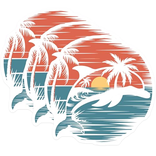 (3 Pack) Dolphin Sunset Decals - Palm Tree Decal - Beach Decals - 3 Inches On Longest Side - Easy Peel & Apply - Made in USA - 3MCS4032
