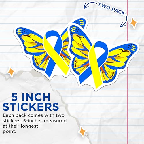 (2 Pack) Blue and Yellow Ribbon Butterfly Stickers - Awareness Ribbon Stickers - Butterfly Decal Stickers - 5" On Longest Side - Sticks to Smooth Flat Surfaces - Made in USA - BMCS4843