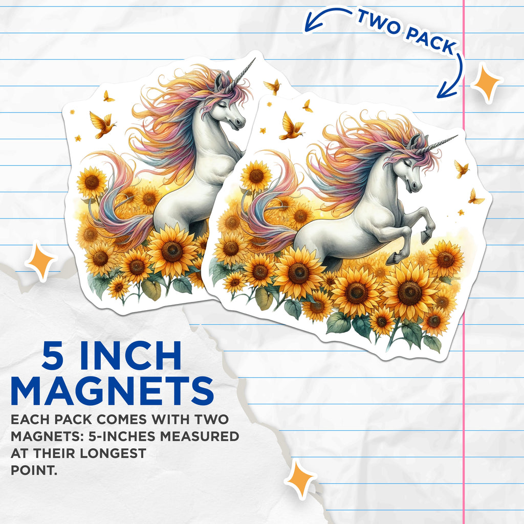 (2 Pack) Magical Unicorn Sunflower Magnets - Whimsical Fantasy Art Decor - Rainbow Mane Refrigerator Accent - 5 Inches On Longest Side - Thick Durable Magnet - Made in USA - MAG39320