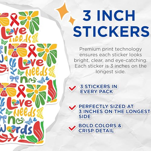 (3 Pack) Autism Awareness Decals - Love Needs No Words - Puzzle Heart Laptop Decal - 3 Inches On Longest Side - Easy Peel & Apply - Made in USA - 3MCS8643