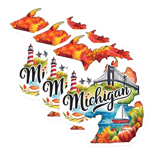 (3 Pack) Michigan Decals - Watercolor State - Michigan Laptop Decals- 3 Inches On Longest Side - Easy Peel & Apply - Made in USA - 3MCS5049