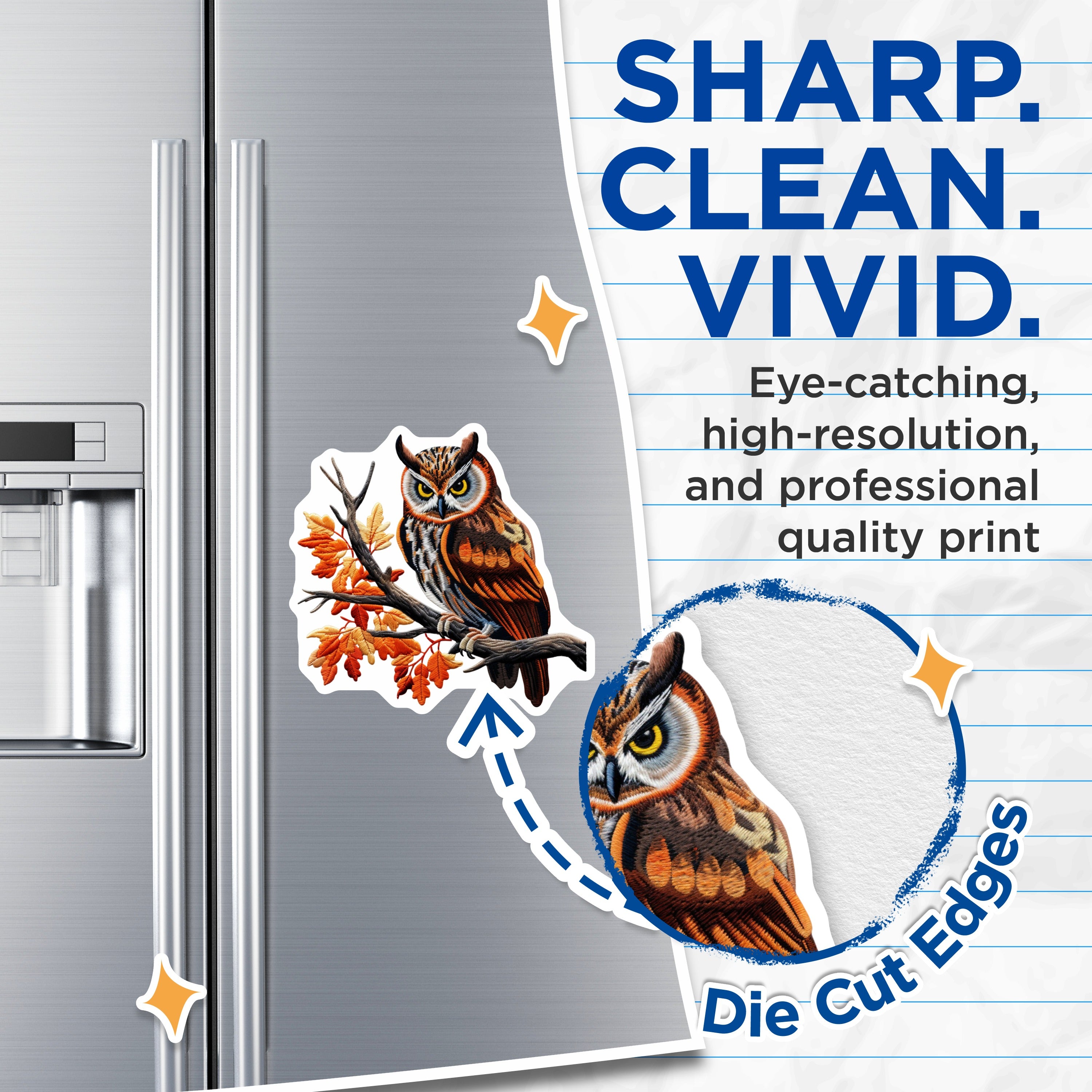 (2 Pack) Faux Embroidered Owl Magnets - Autumn Forest Branch Decor - Nature Inspired Home Accent - 5 Inches On Longest Side - Thick Durable Magnet - Made in USA - MAG36508