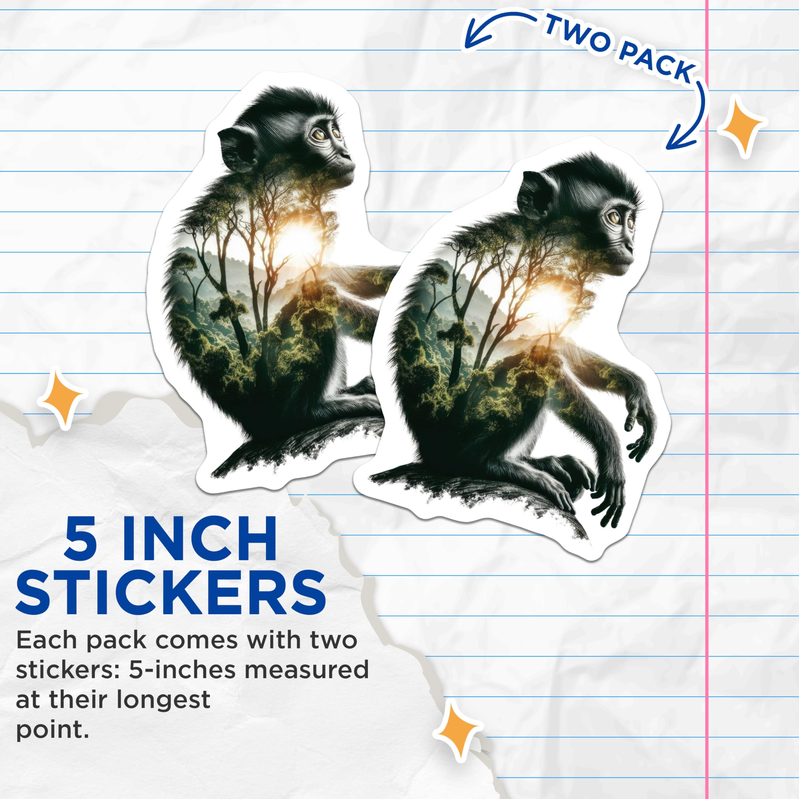 (2 Pack) Monkey Stickers - Forest Animal Sticker - Nature Art Stickers- 5" On Longest Side - Sticks to Smooth Flat Surfaces - Made in USA - BMCS16196