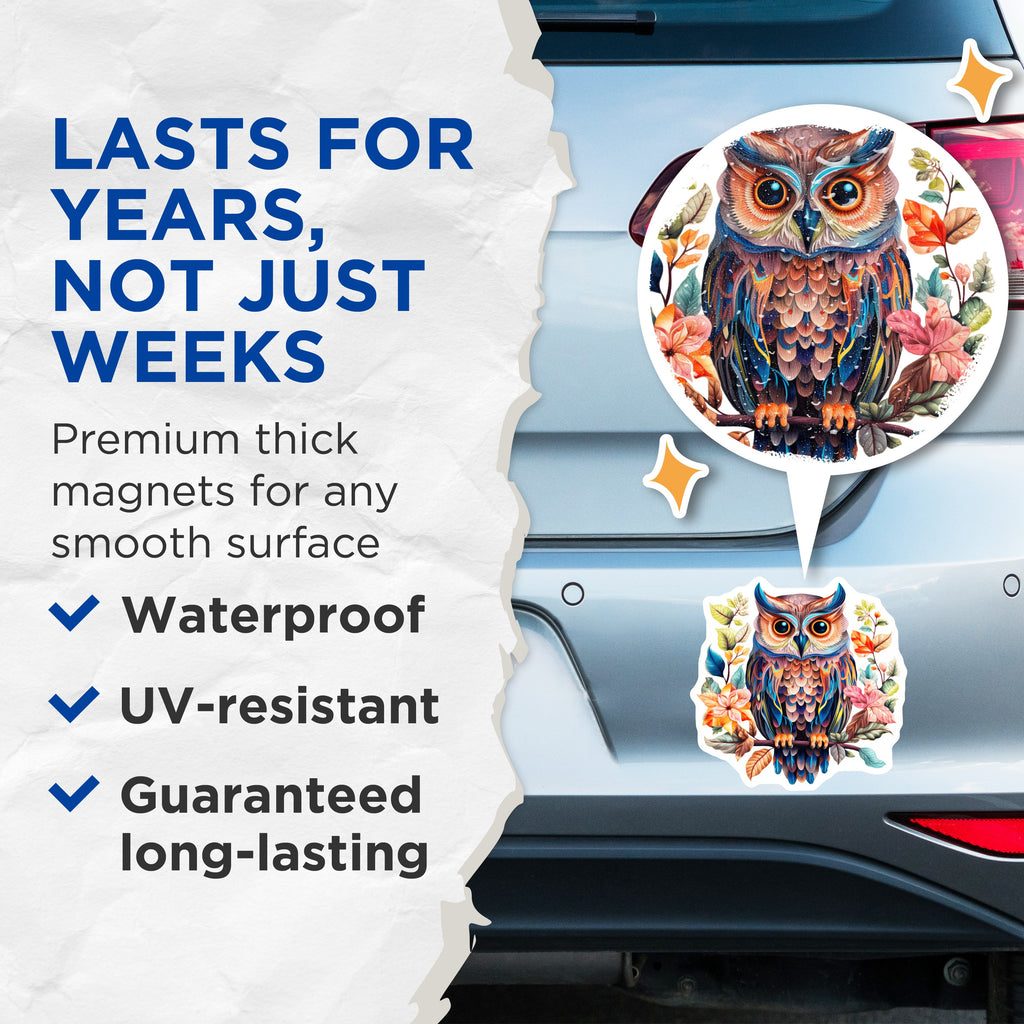 (2 Pack) Bohemian Owl Magnets - Folk Art Bird - Kitchen Refrigerator - 5 Inches On Longest Side - Thick Durable Magnet - Made in USA - MAG37113