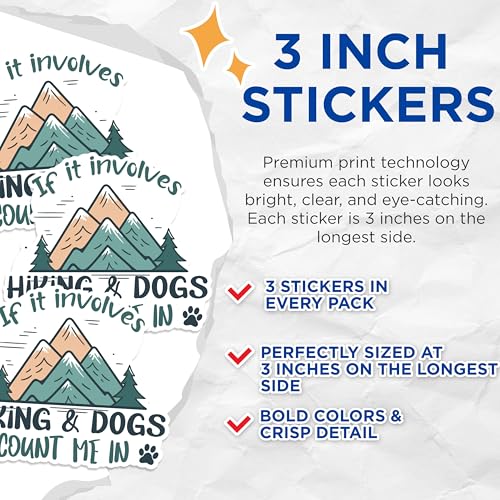 (3 Pack) Hiking and Dogs Decals - Mountains Landscape Decals - Laptop Decal - 3 Inches On Longest Side - Easy Peel & Apply - Made in USA - 3MCS1348