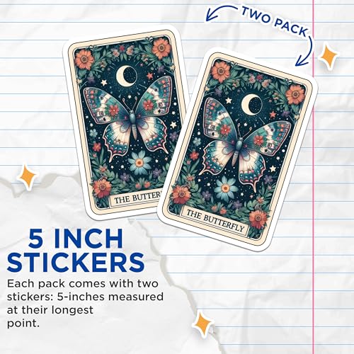 (2 Pack) Butterfly Floral Stickers - Nature Art Stickers - Moon and Stars Stickers - 5" On Longest Side - Sticks to Smooth Flat Surfaces - Made in USA - BMCS5361