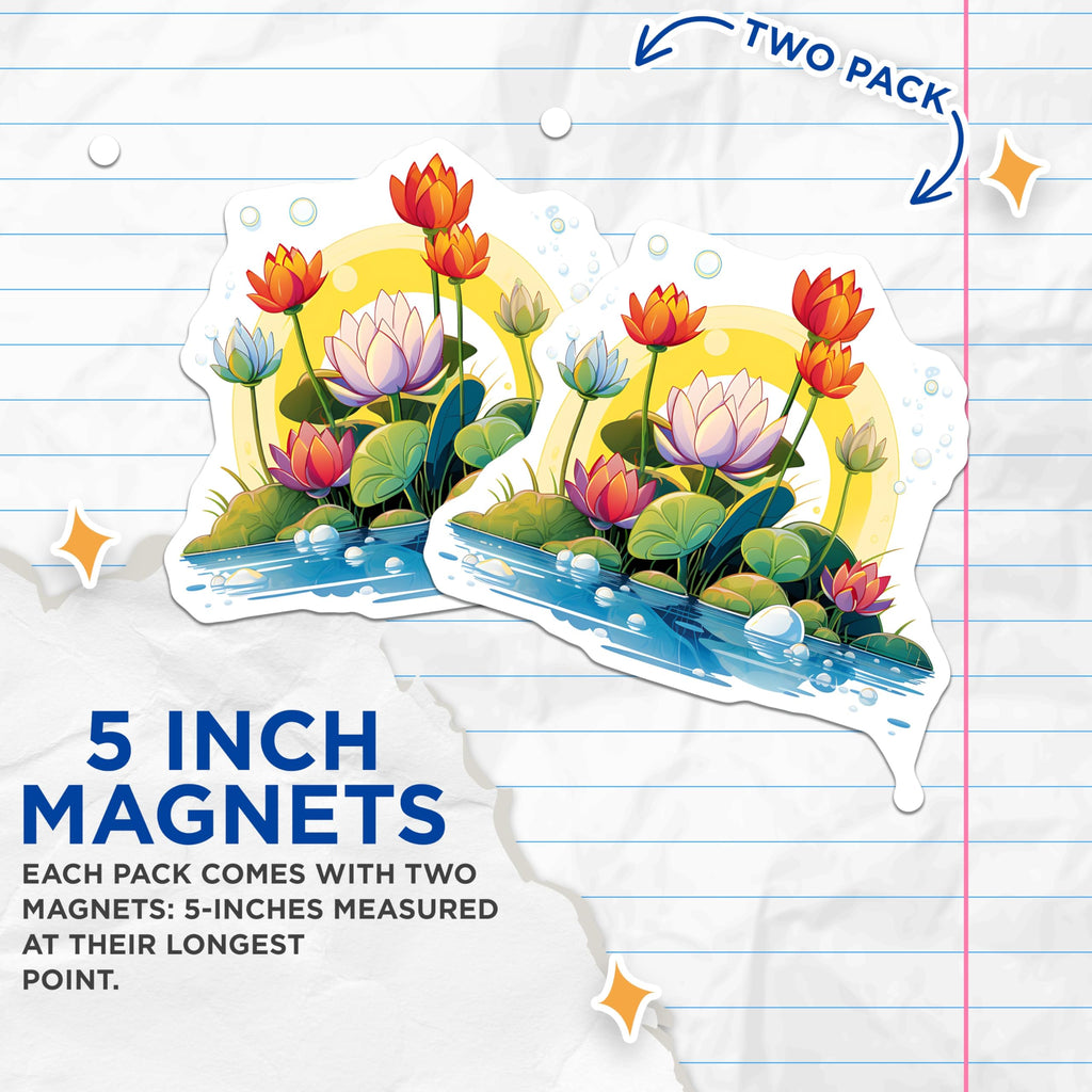 (2 Pack) Lotus Flower Magnets - Water Lily Botanical Art - Zen Pond Life Decor - Tranquil Nature Scene Refrigerator Accessory - 5 Inches On Longest Side - Thick Durable Magnet - Made in USA - MAG21599