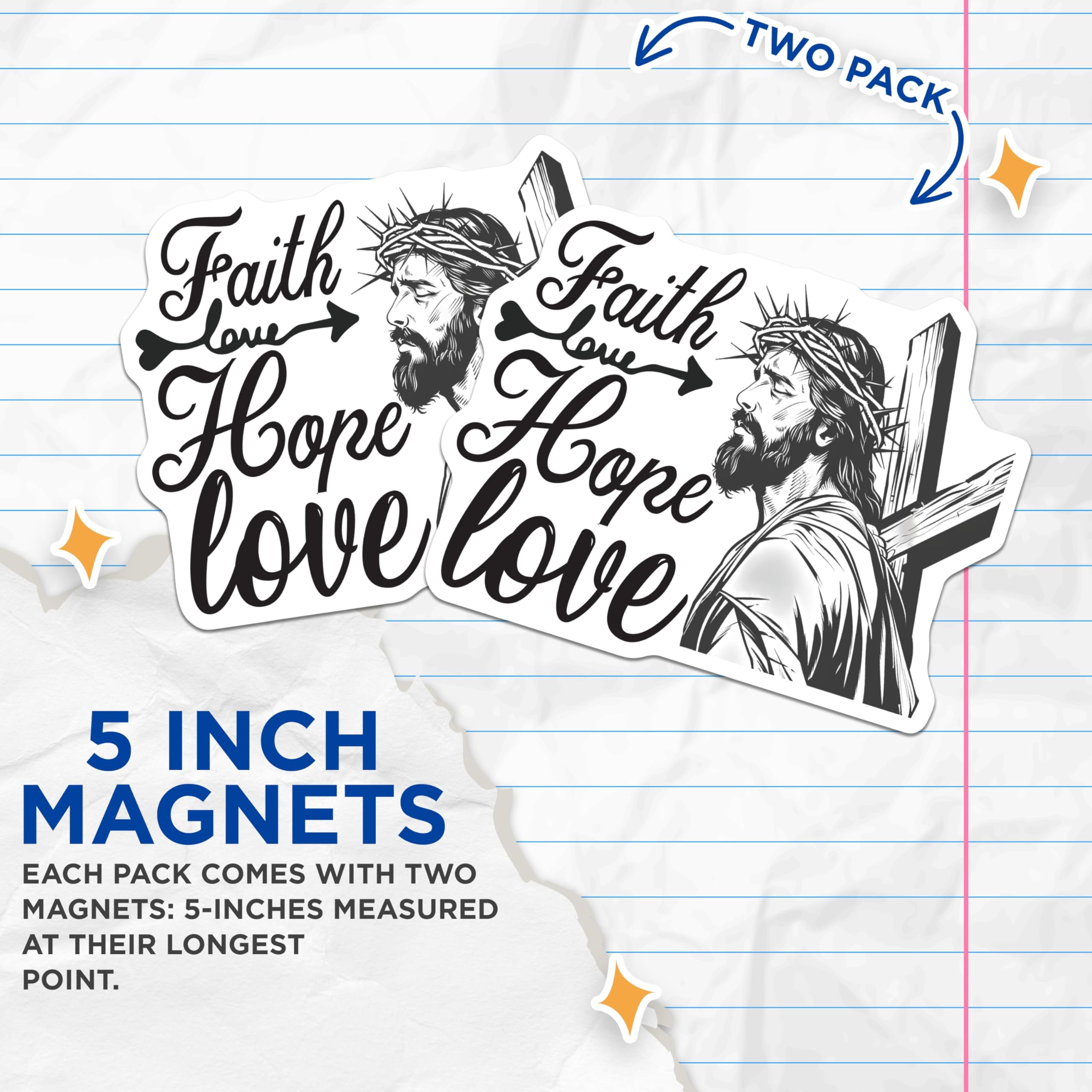 (2 Pack) Jesus Faith Hope Love Magnets - Christian Decor - Religious Art Fridge Decor - 5" On Longest Side - Premium Magnet - for Cars, Refrigerators, Toolboxes, Lockers - Made in USA - MAG16849
