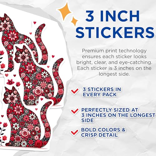 (3 Pack) Floral Cat Decals - Flower Cat Stickers - Laptop Decals - 3 Inches On Longest Side - Easy Peel & Apply - Made in USA - 3MCS4502
