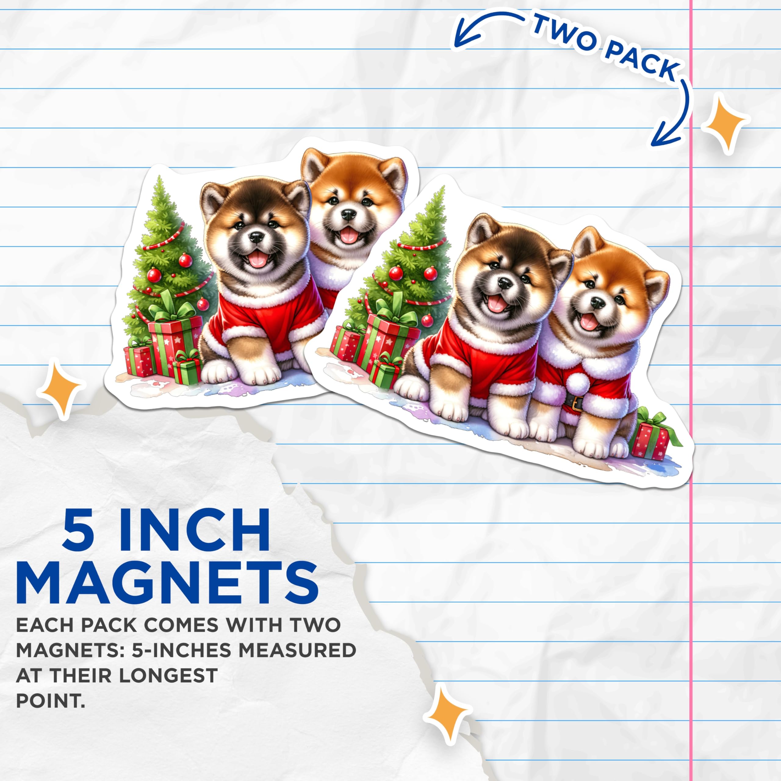 (2 Pack) Christmas Dog Magnets - Cute Puppy Decor - Akita Shiba Inu Magnets - Holiday Pet Lover Present - 5 Inches On Longest Side - Thick Durable Magnet - Made in USA - MAG29616