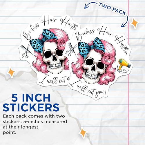 (2 Pack) Badass Hair Hustler Stickers - Skull - Hair Stylist - Salon Decor - Unique Trendy - 5" On Longest Side - Sticks to Smooth Flat Surfaces - Made in USA - BMCS7572