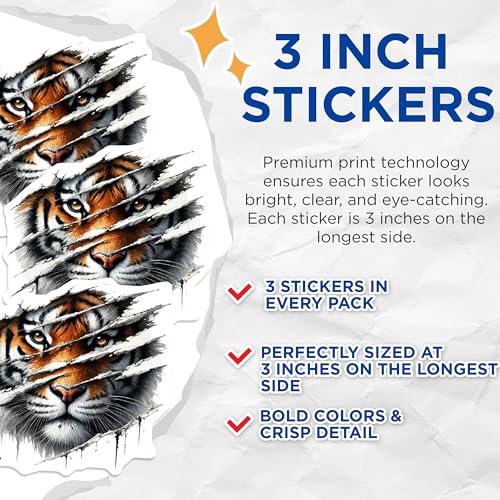 (3 Pack) Tiger Decals - Ripped Design Decals - Laptop Decal- 3 Inches On Longest Side - Easy Peel & Apply - Made in USA - 3MCS5027