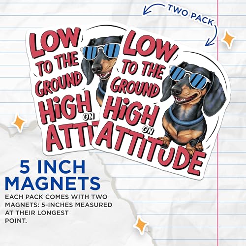 (2 Pack) Low to The Ground High On Attitude Magnets Magnets - Dachshund Magnet - Funny Dog Quote Magnet - 5" On Longest Side - Made in USA - Sticks to Refrigerators & Metal Surfaces - MAG8492