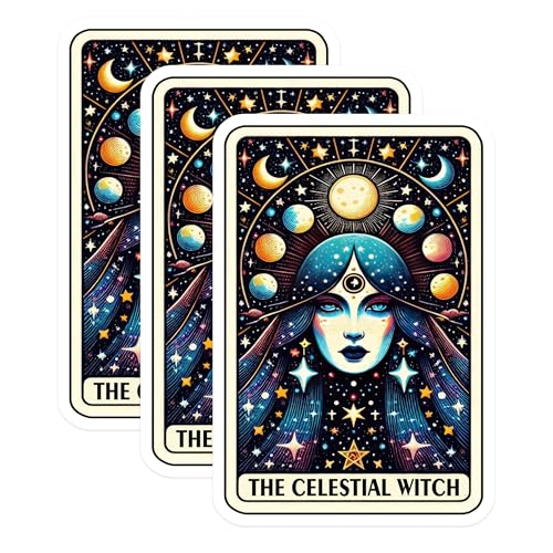 (3 Pack) Celestial Witch Decals - Tarot Card Sticker - Cosmic Woman Laptop Decal - 3 Inches On Longest Side - Easy Peel & Apply - Made in USA - 3MCS4133