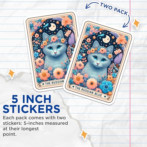 (2 Pack) Cute Cat Stickers - Floral Cat Art Stickers - Russian Blue Cat Stickers - 5" On Longest Side - Sticks to Smooth Flat Surfaces - Made in USA - BMCS5285