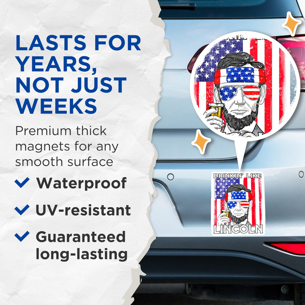(2 Pack) Drinkin Like Lincoln Magnets - Funny Abraham Lincoln - Patriotic Beer Decor for Men - 5 Inches On Longest Side - Thick Durable Magnet - Made in USA - MAG27251