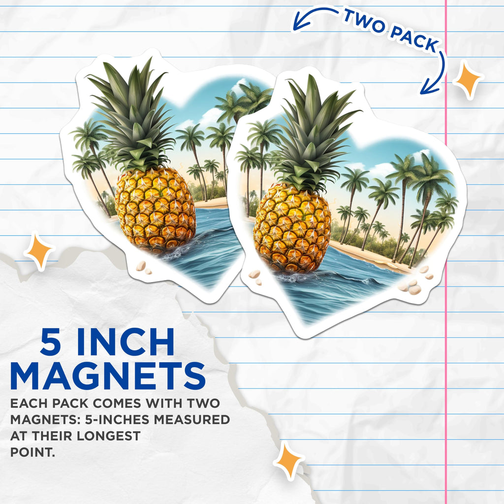 (2 Pack) Heart Pineapple Magnets - Tropical Beach Palm Tree Ocean Scene - Summer Vacation Fridge Locker Kitchen Decor - 5 Inches On Longest Side - Thick Durable Magnet - Made in USA - MAG19948