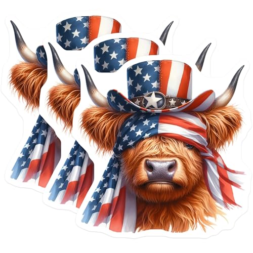 (3 Pack) American Highland Cow Decals - Patriotic Animal - Laptop Decals- 3 Inches On Longest Side - Easy Peel & Apply - Made in USA - 3MCS5112