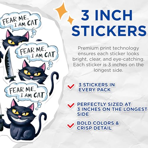 (3 Pack) Fear Me I Am Cat Decals - Funny Cat - Laptop Decal - 3 Inches On Longest Side - Easy Peel & Apply - Made in USA - 3MCS7508