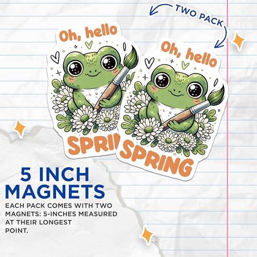 (2 Pack) Oh Hello Spring Magnets - Cute Frog Flower Art - Springtime Seasonal Decor - 5" On Longest Side - for Cars, Fridges, Toolboxes - Made in USA - MAG8011