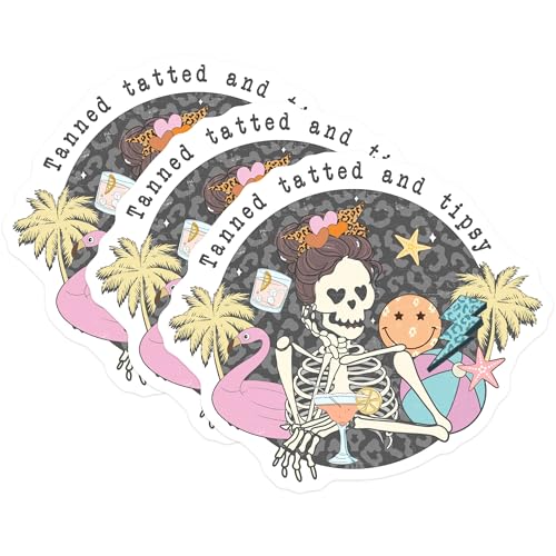 (3 Pack) Tanned Tatted Tipsy Decals - Summer Vibes - Skeleton Beach Decals- 3 Inches On Longest Side - Easy Peel & Apply - Made in USA - 3MCS5983