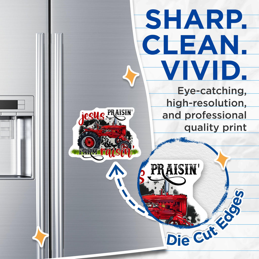 (2 Pack) Red Tractor Magnets - Jesus Praisin Farm Raisin Decor - Christian Country Refrigerator Art - 5 Inches On Longest Side - Thick Durable Magnet - Made in USA - MAG24416