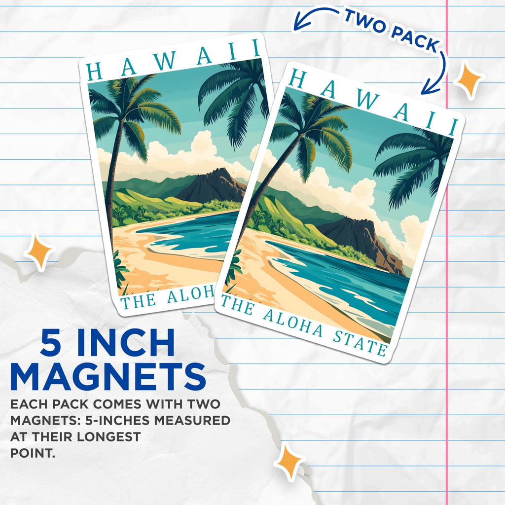 (2 Pack) Hawaii Aloha State Magnets - Tropical Beach Palm Tree Ocean Scenic Island - Travel Souvenirs Refrigerator Decor - 5 Inches On Longest Side - Thick Durable Magnet - Made in USA - MAG19352