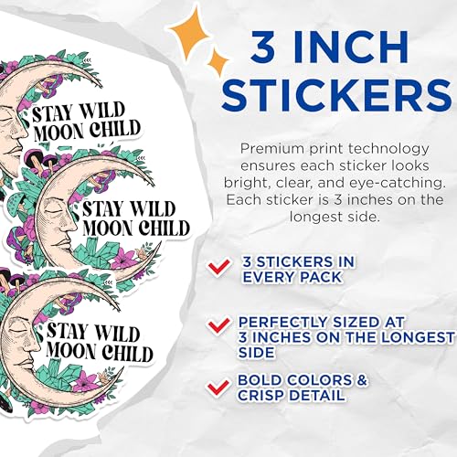 (3 Pack) Stay Wild Moon Child Decals - Floral Crescent Moon - Crystal Mushroom Laptop Decal - 3 Inches On Longest Side - Easy Peel & Apply - Made in USA - 3MCS1394