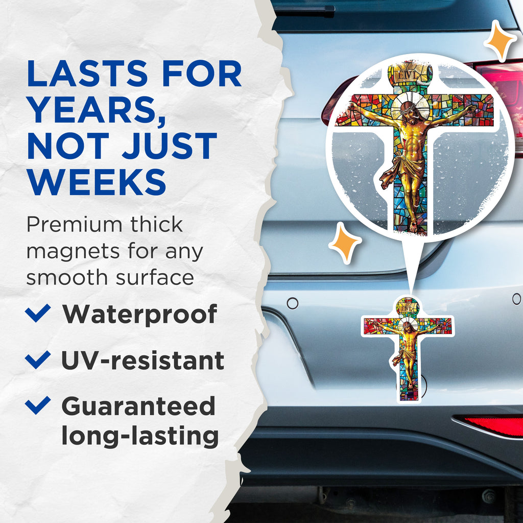 (2 Pack) Stained Glass Crucifix Magnets - Religious Christ Art - Christian Faith Decor - Devotional Catholic - 5 Inches On Longest Side - Thick Durable Magnet - Made in USA - MAG39632