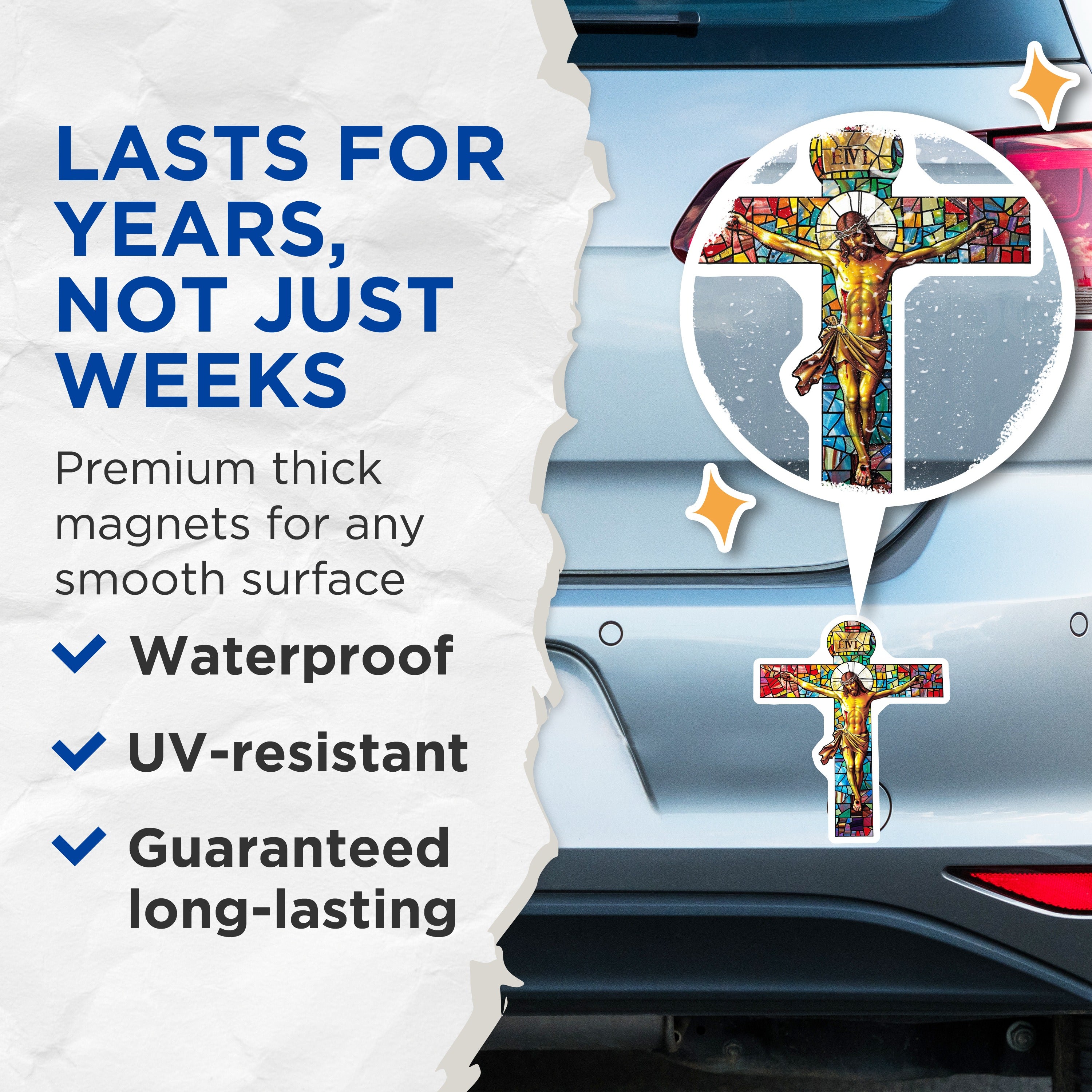 (2 Pack) Stained Glass Crucifix Magnets - Religious Christ Art - Christian Faith Decor - Devotional Catholic - 5 Inches On Longest Side - Thick Durable Magnet - Made in USA - MAG39632