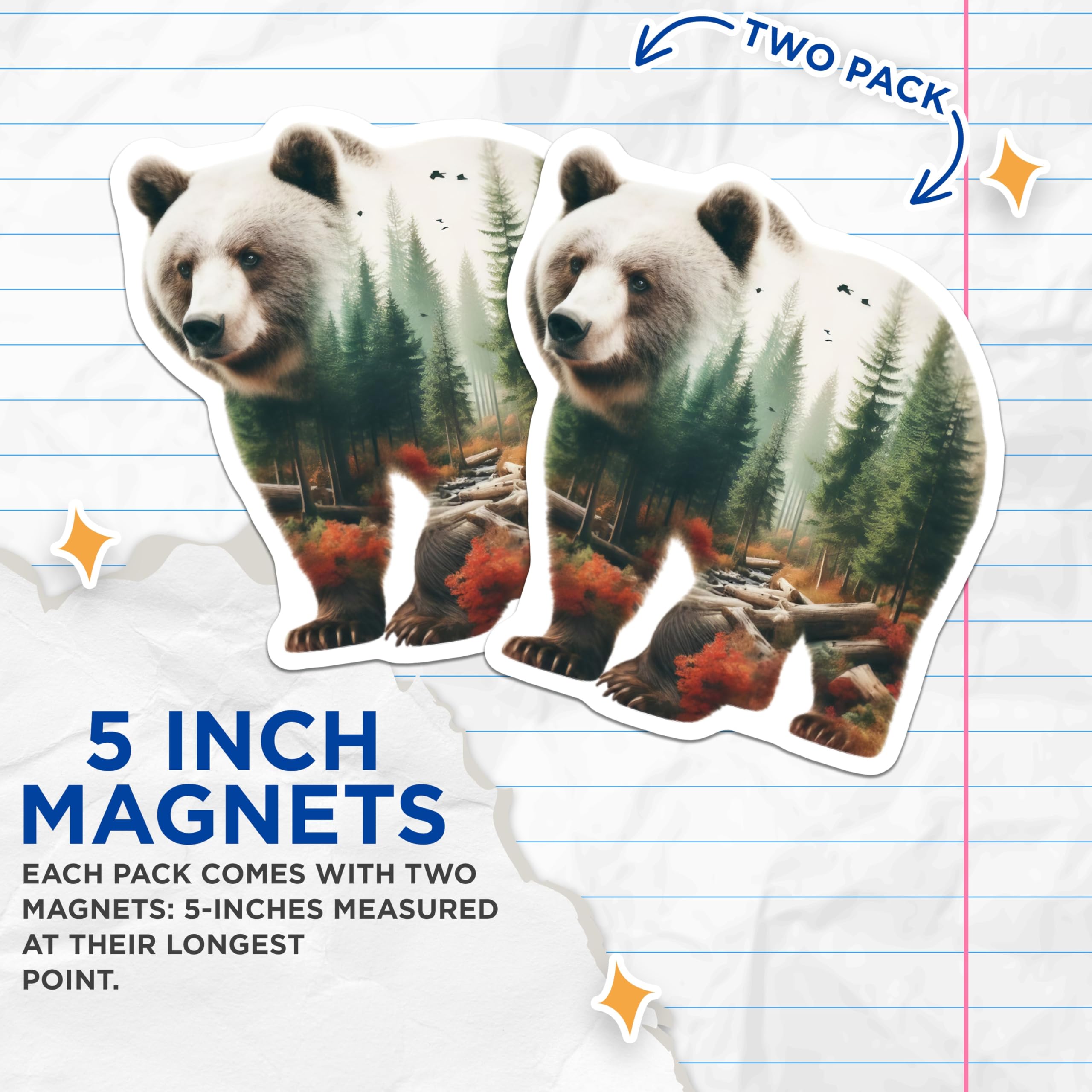 (2 Pack) Bear Forest Magnets - Grizzly Scene - Nature Lover Refrigerator Decor - 5" On Longest Side - Premium Magnet - for Cars, Refrigerators, Toolboxes, Lockers - Made in USA - MAG15169