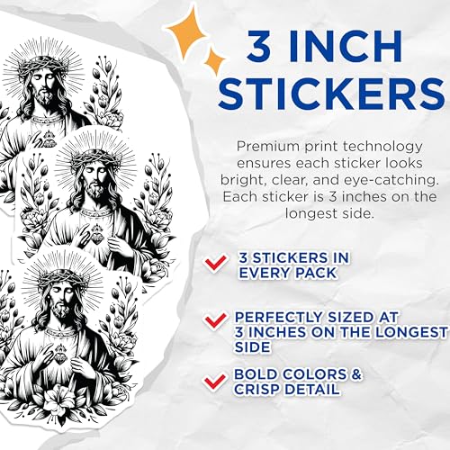 (3 Pack) Jesus Christ Decals - Floral Christian Decal - Sacred Heart Decals - 3 Inches On Longest Side - Easy Peel & Apply - Made in USA - 3MCS6085