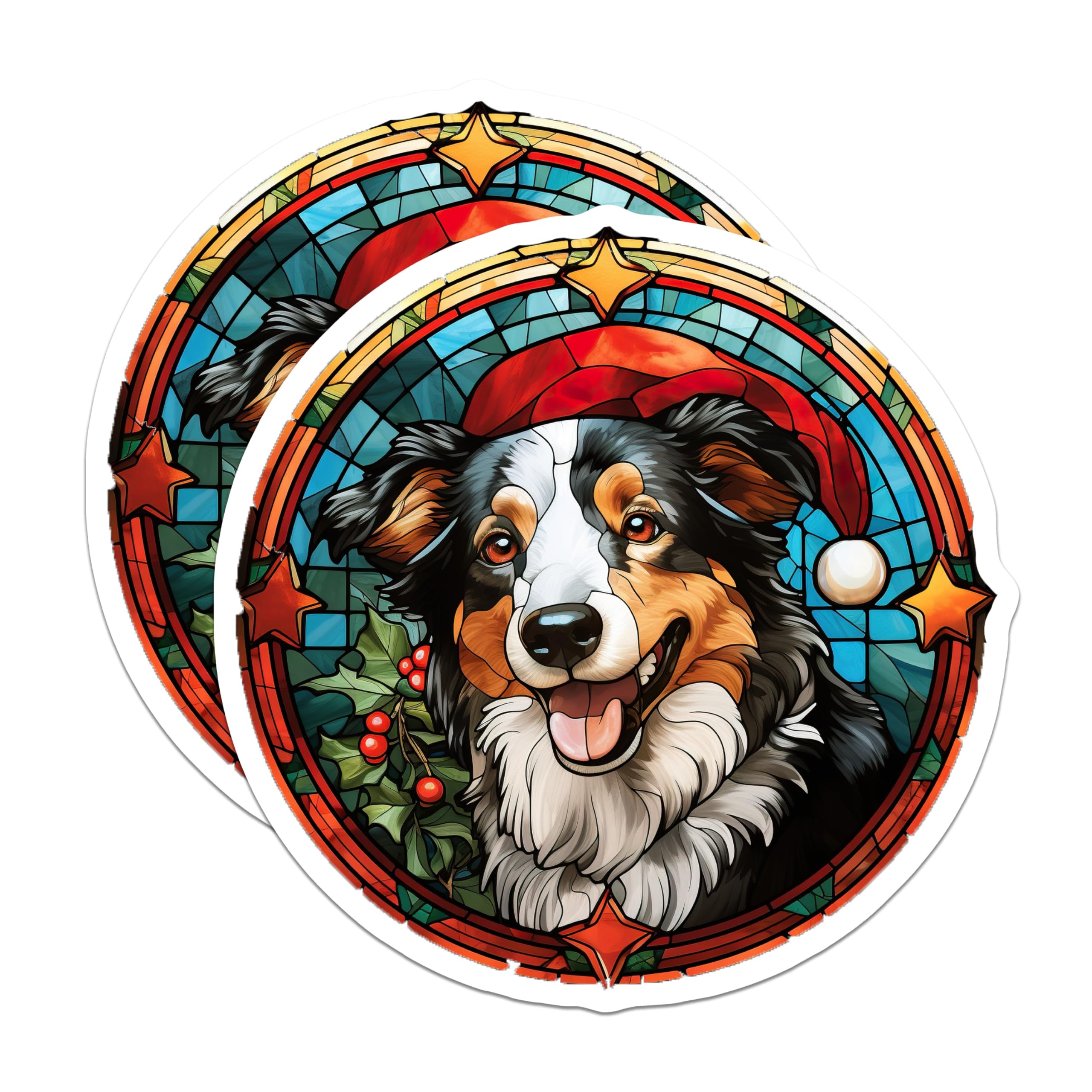 (2 Pack) Australian Shepherd Magnets - Stained Glass Dog Art - Christmas Holiday Decor for Pet Owners - 5 Inches On Longest Side - Thick Durable Magnet - Made in USA - MAG29068