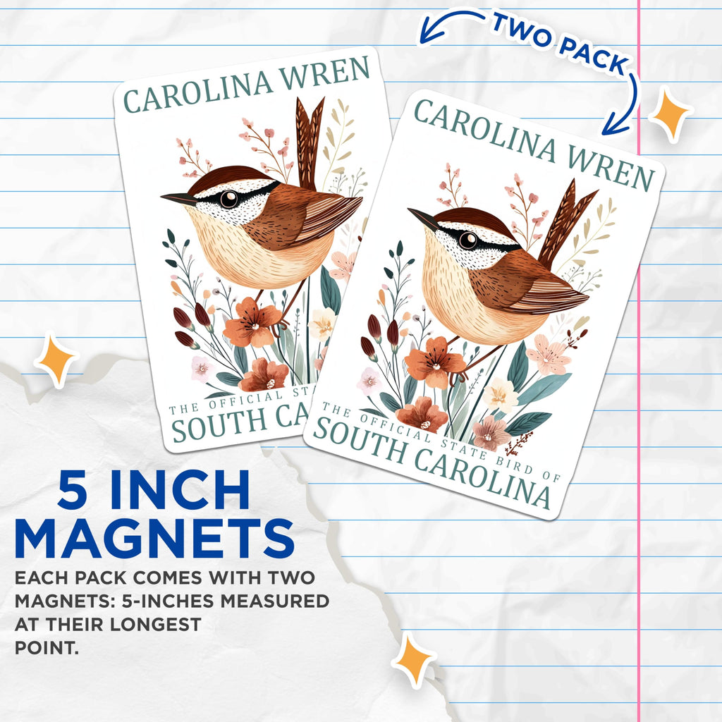 (2 Pack) Carolina Wren Magnets - South Carolina State Bird - Botanical Bird Art Decor - 5 Inches On Longest Side - Thick Durable Magnet - Made in USA - MAG19185