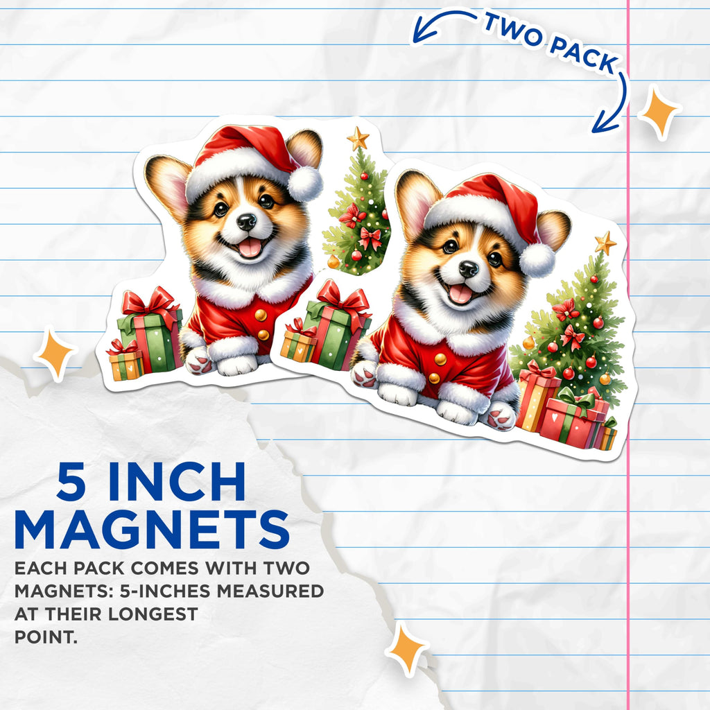 (2 Pack) Christmas Corgi Puppy Magnets - Santa Hat Holiday Decoration - Refrigerator Cute Dog Lover Collectible - 5 Inches On Longest Side - Thick Durable Magnet - Made in USA - MAG24649