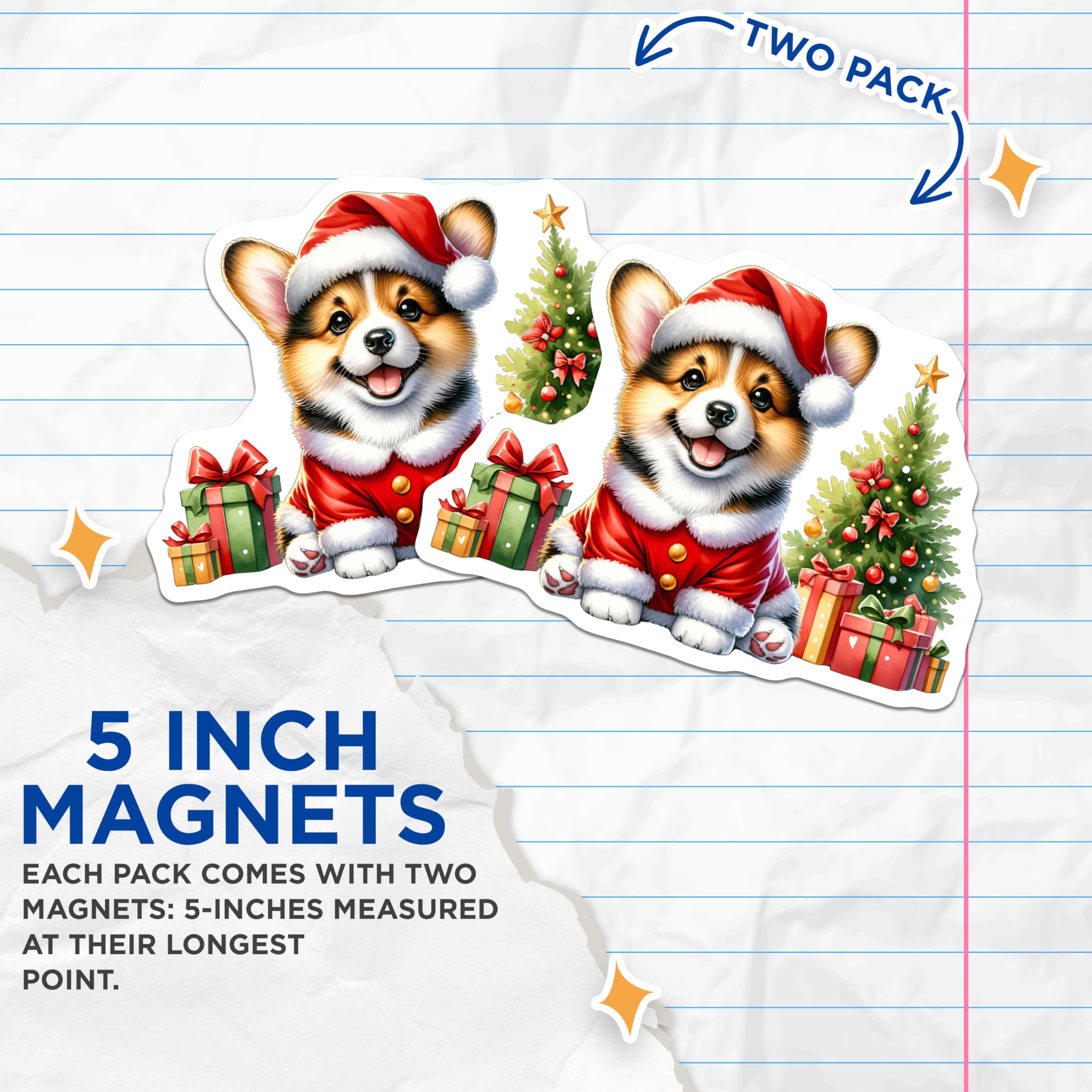 (2 Pack) Christmas Corgi Puppy Magnets - Santa Hat Holiday Decoration - Refrigerator Cute Dog Lover Collectible - 5 Inches On Longest Side - Thick Durable Magnet - Made in USA - MAG24649