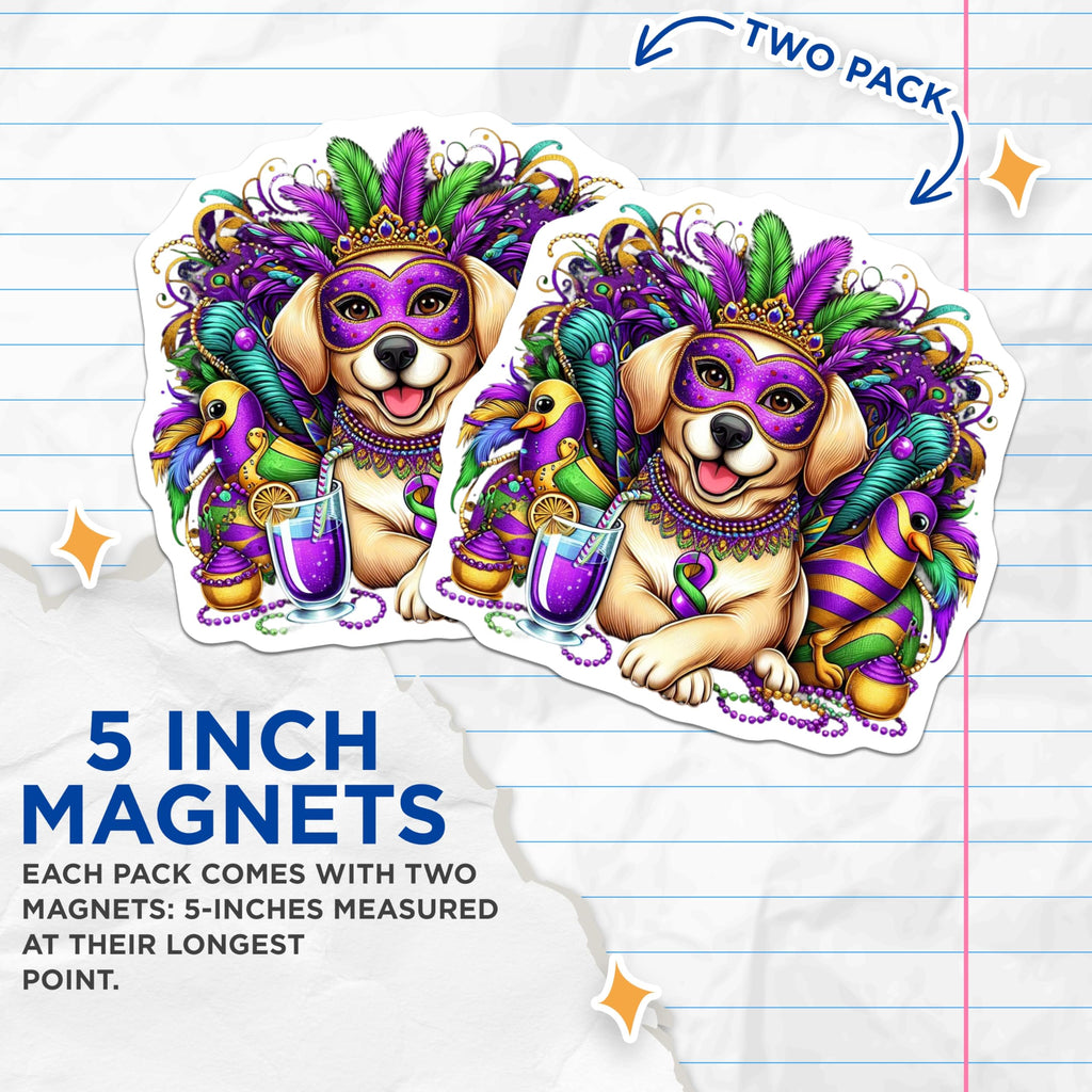 (2 Pack) Mardi Gras Dog Magnets - Masked Golden Retriever - Festive Party Decorations - 5" On Longest Side - Premium Magnet - for Cars, Refrigerators, Toolboxes, Lockers - Made in USA - MAG15295