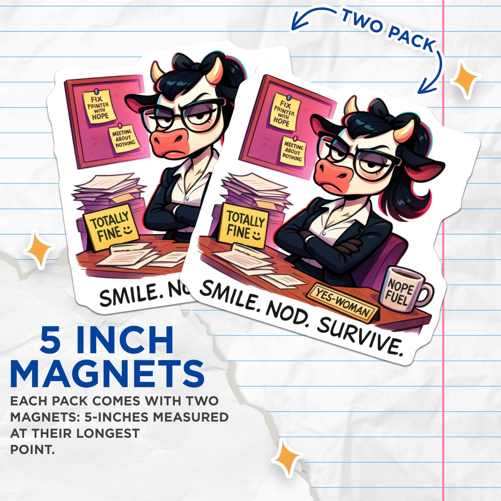 (2 Pack) Grumpy Cow Magnets - Office Humor Desk Decor - Corporate Survival Funny Magnet - Sarcastic Employee Life - 5 Inches On Longest Side - Thick Durable Magnet - Made in USA - MAG20485