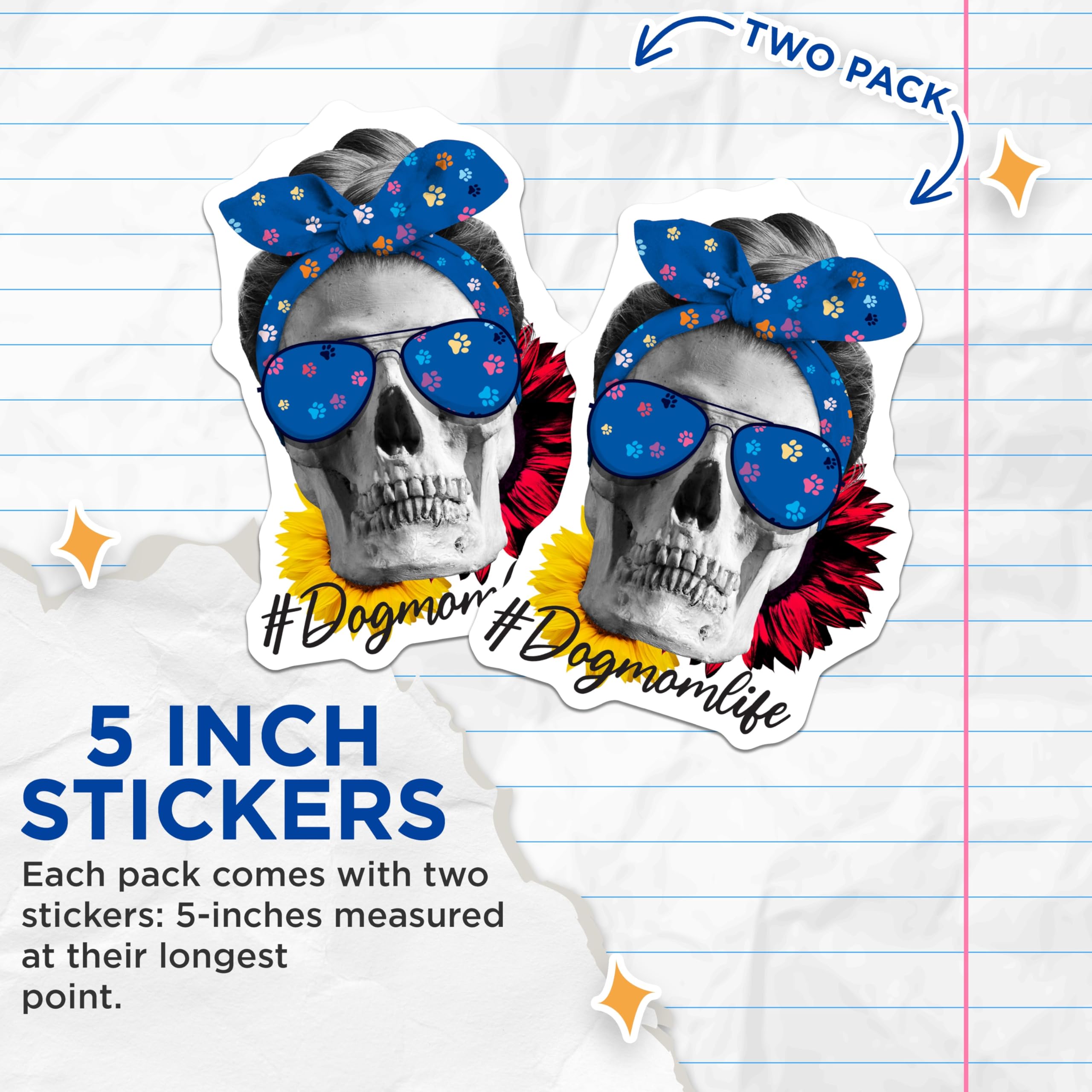 (2 Pack) Dog Mom Life Stickers - Skull Sunflower - Paw Print Stickers - 5" On Longest Side - Sticks to Smooth Flat Surfaces - Made in USA - BMCS17628