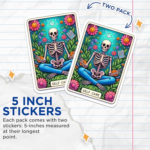 (2 Pack) Self Care Skeleton Stickers - Floral Skull Artwork - Meditation Themed Stickers - 5" On Longest Side - Sticks to Smooth Flat Surfaces - Made in USA - BMCS9405